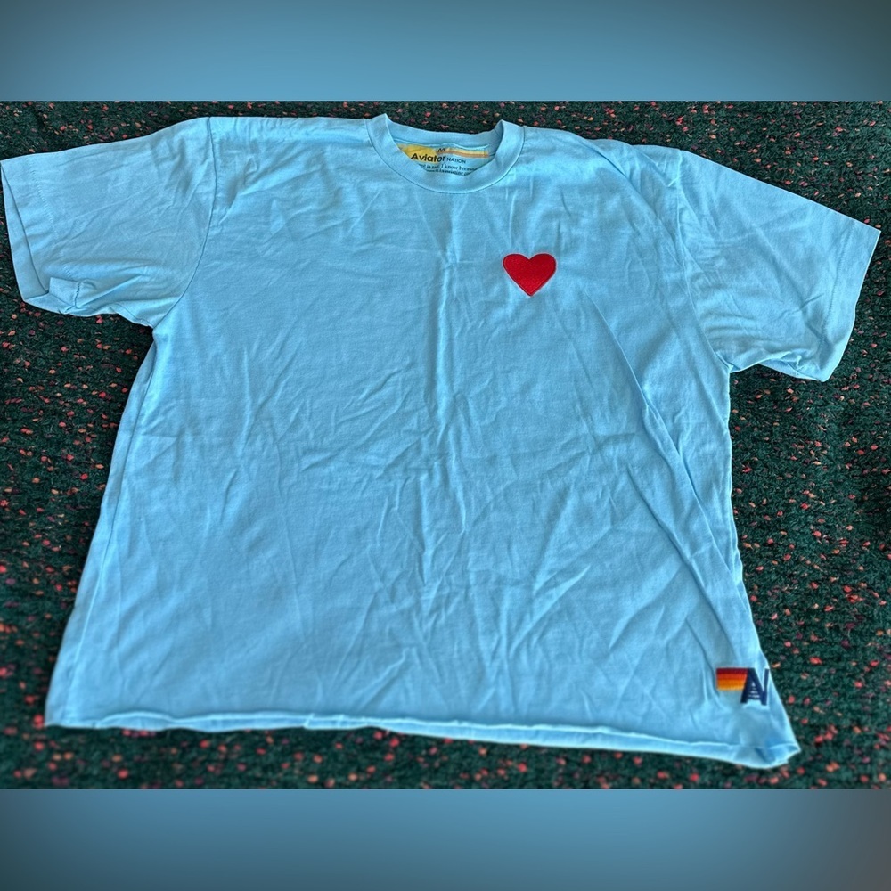 RARE Aviator Nation Heart Tee Blue Rainbow Stripe Boyfriend Tee NWOT M - Picture 7 of 16